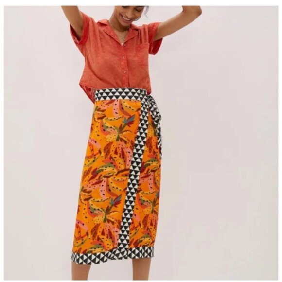 Farm Rio Contrast Wrap Midi Skirt Anthropologie Vibrant Banana Print XS beaded - Picture 1 of 16